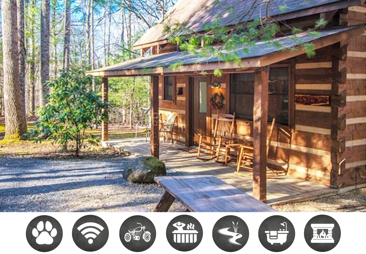 The hero image features a charming log cabin surrounded by lush Tennessee forest, with inviting rocking chairs on a wide porch, a wooden picnic table set under the trees, and hints of a fire pit area—all bathed in soft, natural light. The scene captures a sense of seclusion, tranquility, and rustic comfort, beckoning guests to relax outdoors or enjoy peaceful mornings and cozy evenings immersed in nature.